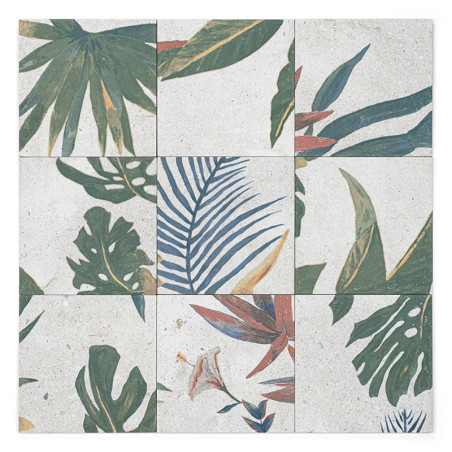 Os ladrilhos apresentam várias folhas tropicais sobrepostas em tons de verde, azul e vermelho. Eles criam um padrão botânico coe