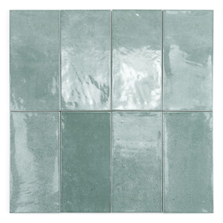 Les carreaux rectangulaires, disposés selon une grille soignée, reflètent la lumière avec une surface brillante. Ils présentent 