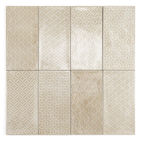 Nueve azulejos rectangulares de color beige muestran varios patrones intrincados, que incluyen escamas, formas geométricas y mot