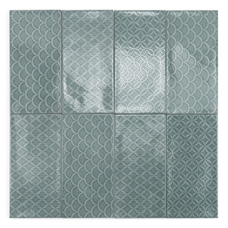 L'ensemble de carreaux présente une variété de motifs géométriques, notamment des pétoncles et des cercles imbriqués, créant un 