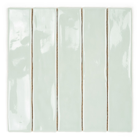 Five glossy, elongated rectangular tiles are aligned vertically, showcasing subtle surface texture, set against a plain white ba
