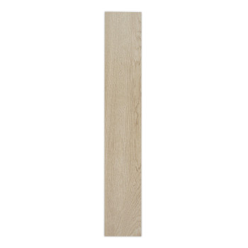 Eine lange, schmale, rechteckige Fliese mit heller Holzmaserung, die vertikal vor einem schlichten weißen Hintergrund angezeigt 