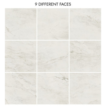 Nueve azulejos de mármol gris claro, cada una con patrones de vetas sutiles y únicos, dispuestas en una cuadrícula de 3x3. El te