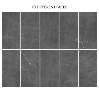 Les carreaux rectangulaires gris foncé présentent de subtils motifs de veines blanches, disposés en deux rangées de cinq. Le tex