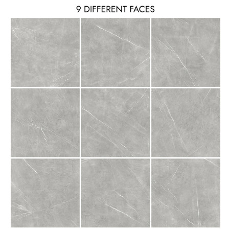 Uma grade de nove ladrilhos cinza claro, cada um com sutis padrões de veios brancos. O texto acima diz “9 FACES DIFERENTES”.