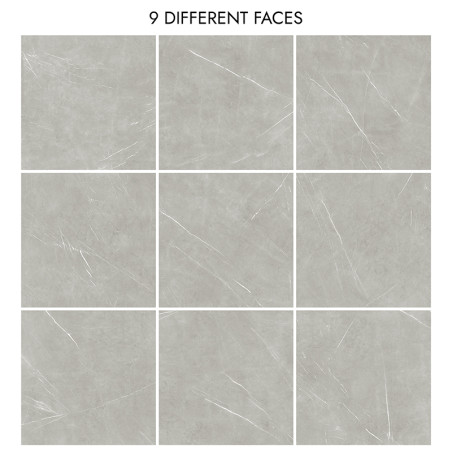 Nove ladrilhos cinza exibem veios brancos sutis, dispostos em uma grade 3x3, cada um com um padrão único. O texto diz: `9 FACES 