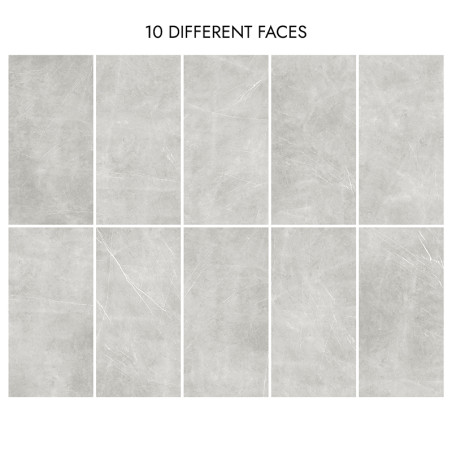 Dez ladrilhos cinza claro ficam em uma grade, exibindo variações sutis de textura e padrão. O texto diz "10 FACES DIFERENTES" ac