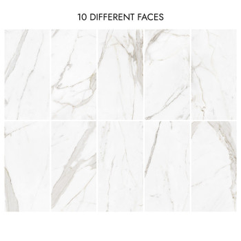 Dix carreaux de marbre blanc veiné de gris, disposés sur deux rangées, chacune présentant des motifs uniques. Le texte ci-dessus