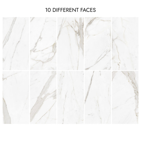 Dix carreaux de marbre blanc veiné de gris, disposés sur deux rangées, chacune présentant des motifs uniques. Le texte ci-dessus
