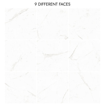 Una cuadrícula de nueve azulejos con motivos de mármol blanco y vetas grises tenues. El texto lee `9 CARAS DIFERENTES` encima de