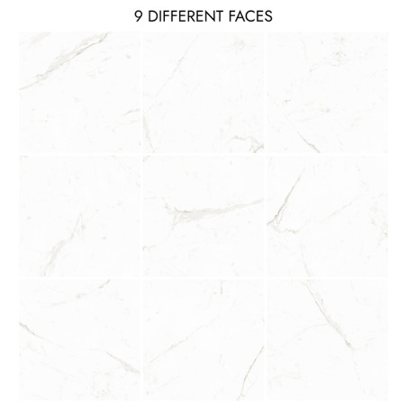 Une grille de neuf carreaux à motifs de marbre blanc avec de légères veines grises. Le texte indique « 9 VISAGES DIFFÉRENTS » au