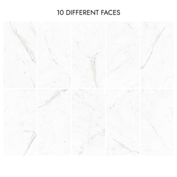 Dix carreaux de marbre blanc sont présentés avec des motifs veinés gris clair, chacun unique dans son design. Le texte ci-dessus