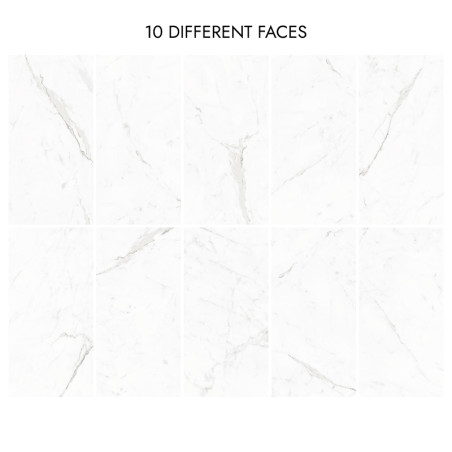 Dix carreaux de marbre blanc sont présentés avec des motifs veinés gris clair, chacun unique dans son design. Le texte ci-dessus