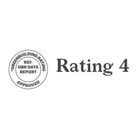 De tekst `GREENBUILDING RATING GOEDGEKEURD REF. GBR DATA REPORT` omcirkelt een zegel naast `Rating 4.` Het zegel geeft goedkeuri