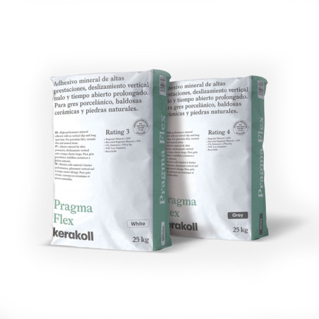 Two bags of Kerakoll Pragma Flex adhesive, labeled `White` and `Grey,` stand upright. Text in Spanish describes usage for tiles 