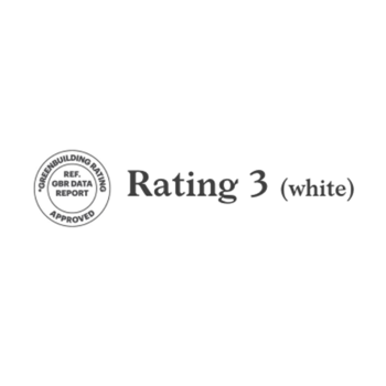 Text reads: `Rating 3 (white).` A circular stamp nearby says `REF. OBR DATA REPORT` and `GREENBUILDING RATING APPROVED.` The bac