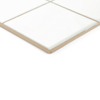 Un azulejo cerámico con una superficie blanca brillante se asienta sobre una base beige, formando parte de una cuadrícula en un 