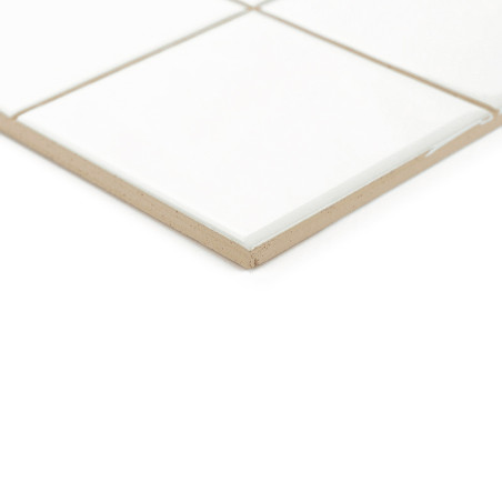 Un azulejo cerámico con una superficie blanca brillante se asienta sobre una base beige, formando parte de una cuadrícula en un 