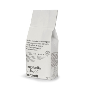 Zak hars-cement staat rechtop. De tekst luidt: `Resina-cemento decorativa...bioconstructión. Fugabella Kleur 02, kerakoll, 3 kg.