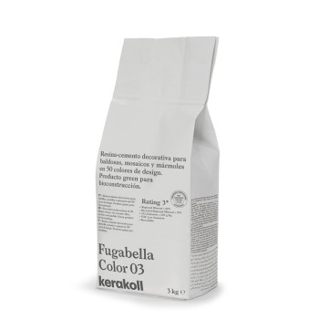 Uma bolsa branca com o rótulo `Fugabella Color 03 kerakoll` fica em pé, com detalhes decorativos de cimento-resina para azulejos