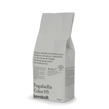 Een grijze zak met het opschrift `Fugabella Color 05` van Kerakoll, met daarin decoratief harscement voor tegels, mozaïeken, mar