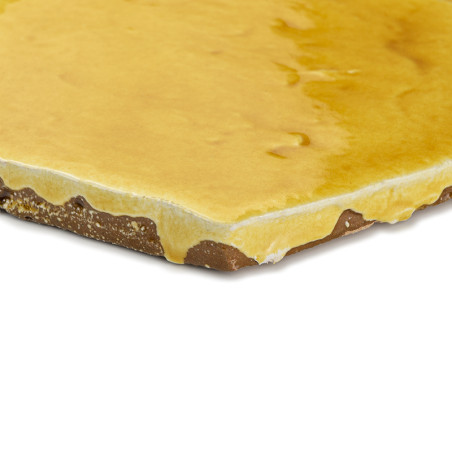 Terrakottafliese mit glänzender, gelber Glasur und rauen Kanten. ruht auf einem neutralen, weißen Hintergrund.