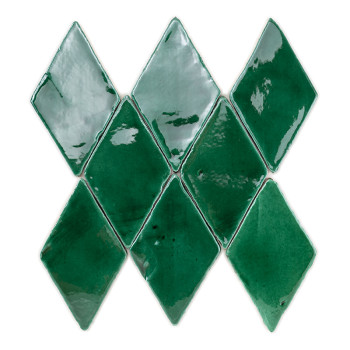 Diamond-shaped green terracotta tile, glossy surface, displayed on a plain white background.