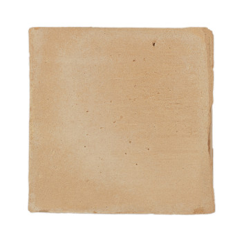 A plain, square terracotta tile lies flat against a neutral, white background, showing its smooth, earthy-colored surface.