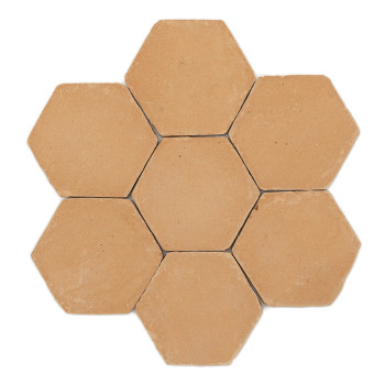 Les carreaux hexagonaux en terre cuite, reposant à plat, présentent une surface d'argile lisse et naturelle avec de subtiles tac