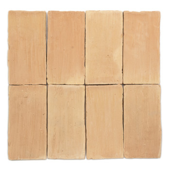 Carreau en terre cuite, rectangulaire et lisse, reposant sur un fond uni blanc.