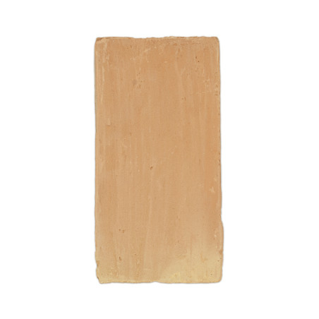 Carreau en terre cuite, rectangulaire et lisse, reposant sur un fond uni blanc.