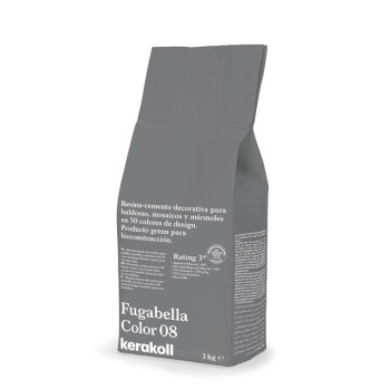 De tas staat rechtop en bevat de tekst voor decoratief gebruik van hars-cement in een grijze verpakking. `Fugabella Kleur 08, ke