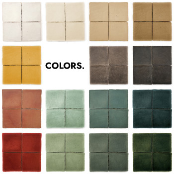 Terracotta tiles displayed in a grid, showcasing various colors including white, yellow, red, and green. Text reads `COLORS.`