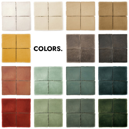 Terracotta tiles displayed in a grid, showcasing various colors including white, yellow, red, and green. Text reads `COLORS.`