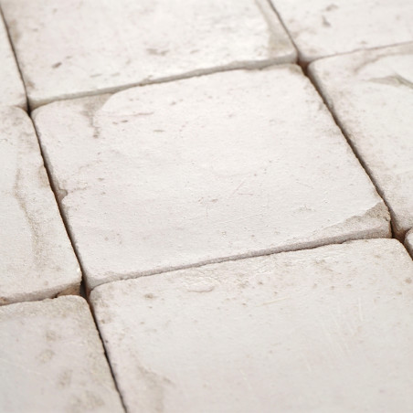 Square terracotta tiles rest in a neat grid pattern, displaying a smooth, weathered texture in soft, natural light.