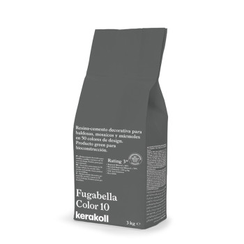 Uma bolsa escura com o rótulo 'Fugabella Color 10 kerakoll' exibe detalhes decorativos de cimento-resina em espanhol. Contém 3 k