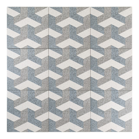 Neuf carreaux carrés affichent un motif imbriqué de chevrons gris clair et blancs, créant un effet zigzag texturé sur une surfac