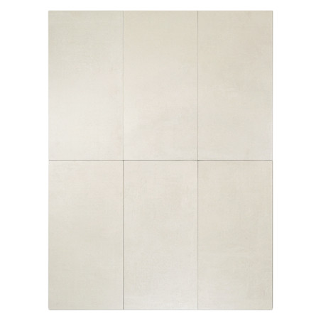 Six carreaux rectangulaires de couleur crème sont disposés en deux rangées et trois colonnes, créant une surface lisse et minima
