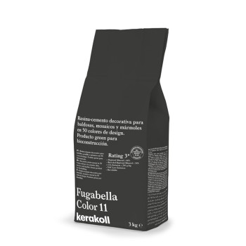 Bolsa exibindo o texto `Resina-cemento decorativo,` `Fugabella Cor 11,` e `kerakoll,` em pé sobre um fundo branco.