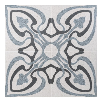 Tile heeft abstracte, bloemige zwarte en grijze patronen tegen een gespikkelde beige achtergrond, waardoor een vloeiend, decorat