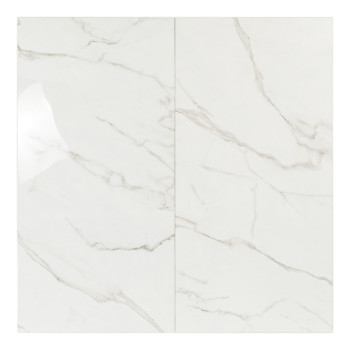 O ladrilho retangular apresenta um padrão de mármore branco brilhante com veios cinza claro, criando uma aparência elegante e co