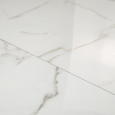 O ladrilho de mármore branco com veios cinza sutis cria uma superfície lisa e polida, refletindo a luz em um ambiente interior m