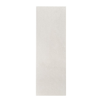 Un azulejo liso y rectangular descansa verticalmente sobre un fondo blanco liso, exhibiendo un sutil color blanquecino con un ac