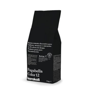 Um saco preto com a etiqueta `Fugabella Color 12 kerakoll` contém 3 kg de cimento resinoso decorativo para azulejos e mosaicos.