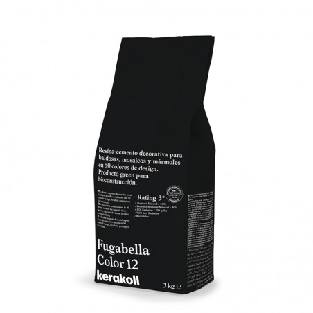 Ein schwarzer Beutel mit der Aufschrift „Fugabella Color 12 kerakoll“ enthält 3 kg dekorativen Harzzement für Fliesen und Mosaik