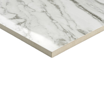 Un carreau de céramique rectangulaire présente une surface blanche brillante avec des veines semblables à du marbre gris, sur un
