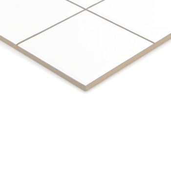 Un azulejo de cerámica blanca con bordes de color marrón claro, con líneas de cuadrícula que la dividen en cuadrados, descansa s