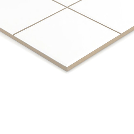 Um ladrilho cerâmico branco com bordas marrons claras, com linhas de grade que o dividem em quadrados, repousa sobre um fundo br