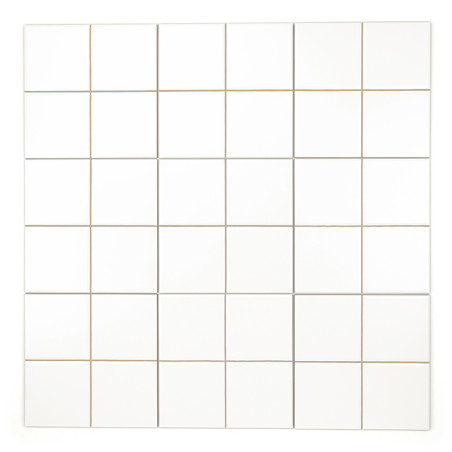 White square tiles are arranged in a five-by-five grid, forming a clean, symmetrical pattern with thin, beige grout lines.