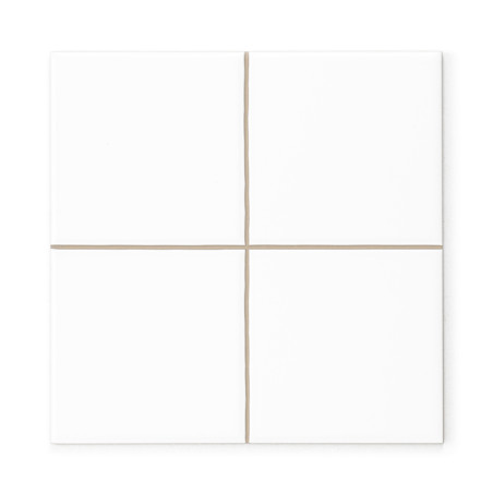 Azulejo cerâmico branco dividido em quatro quadrados iguais por finas linhas de reboco bege, criando um design simples e minimal